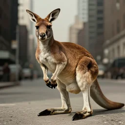 subject: ninja kangaroo , background: new york, style:  vintage photograph with dramatic light , very sharp detail , aggressive pose