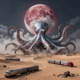 red moon over stormy desert, huge clouds in the form of a gigantic octopus, 3 train wrecks are scattered in desert scrap yard, dappled silver lighting, epic, atmospheric, highly detailed, by igor morski, jacek yerka, alexander jansson, james christensen, tomek setowski