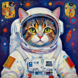 space cosmonaut cat portrait an oil painting splashes with many colors and shapes by gustav klimt greg rutkowski and alphonse mucha, polycount, generative art, psychedelic, fractalism, glitch art