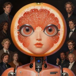 close up sci - fi concert poster grapefruit robot eyes, grapefruit skin, elegant, highly detailed, centered, digital painting, concept art, smooth, sharp focus, illustration, artgerm, tomasz alen kopera, peter mohrbacher, donato giancola, joseph christian leyendecker, wlop, frank frazetta