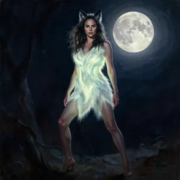 Full body photo of the beautiful woman Gal Gadot as a female werewolf, she has a glow coming from her, she is getting ulluminated by the full moon, the photo was taking by Annie Leibovitz, matte painting, oil painting, naturalism, 4k, 8k