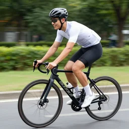 A man riding a bicycle action shot, subject is smiling