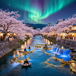 floating markets of times square river in kyoto kamo gold river during sakura season on thermal waters flowing down gold travertine terraces during interstellar aurora borealis, royal blue waterfalls, vendors, festivals, fun, by peter mohrbacher, james jean, james gilleard, greg rutkowski, vincent di fate, rule of thirds, octane render, beautiful landscape