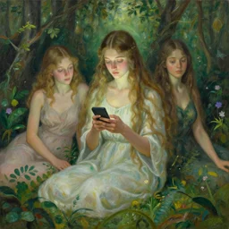 goddess of nature checking her phone, art by josephine wall, magic realism, art by huang guangjian, viktoria gavrilenko, art by amanda sage