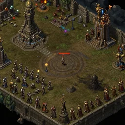 a screenshot from red alert 2 mixed with a screenshot from diablo 2, isometric structures, units, creatures, extremely detailed, sharp focus, 4 k