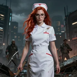 epic portrait cinematic shot an female survivor wearing a white nurse uniform with short sleeves holding an crowbar, red flowing hair, glasses, dirty clothes, shiny skin, apocalyptic city backround, fine details. night setting. realistic shaded lighting poster by craig mullism, artgerm, jeremy lipkin and michael garmash, unreal engine, radiant light, detailed and intricate environment, digital art, trending on art station,