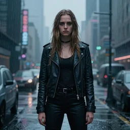 cara delevingne standing, cyberpunk city,sad, rainy, trending on artstation, 4k, digital art