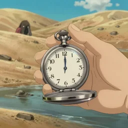 realistic interior shot from howls moving castle ( 2 0 0 4 ) a hand holding a silver pocket watch. flooded desert. cartoon depth of field.