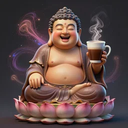 a hyperdetailed painting of a happy buddha sitting on a lotus in deep meditation, one hand on his knee and the other hand holding a comically large cup of coffee, ambient occlusion, 3 d model, quantum fractals, magic realism, trending on artstation,