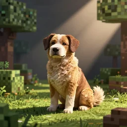 a real dog sitting in minecraft, photography,