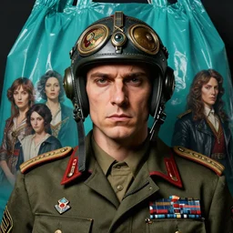 hyperrealistic detailed portrait of a military brutal character in ornate fighter pilot helmet $ $ $, in background turquoise plastic bag, rich deep colors, ultra detail, by francis bacon, james ginn, petra courtright, jenny saville, gerhard richter, zdzisaw beksinski, takato yamamoto. masterpiece, elegant fashion studio ighting, 3 5 mm