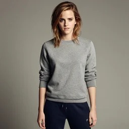 Photo of Emma Watson wearing sweatpants, soft studio lighting, photo taken by Martin Schoeller for Abercrombie and Fitch, award-winning photograph, 24mm f/1.4