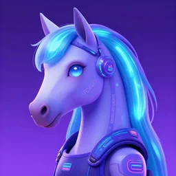 a beautiful portrait of a cute cyberpunk horse with bioluminescent mane by sandra chevrier and greg rutkowski and wlop, purple blue color scheme, vaporware, retro, outrun, high key lighting, volumetric light, digital art, highly detailed, fine detail, intricate, ornate, complex, octane render, unreal engine, photorealistic