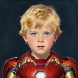 a cute seven year old boy with tousled blonde hair and blue eyes wearing an iron man costume without the helmet, beautiful painting by magali villanueve and raymond swanland