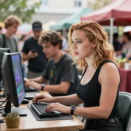 cyberpunk scarlett johansson working on cyberpunk computer in cyberpunk farmers market by william barlowe and pascal blanche and tom bagshaw and elsa beskow and enki bilal and franklin booth, neon rainbow vivid colors smooth, liquid, curves, very fine high detail 3 5 mm lens photo 8 k resolution