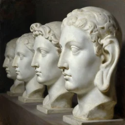 2 0 8 0 scary movie, a line of detailed white stone ears statures, oil paint, classic art, 1 3 century style, volume light