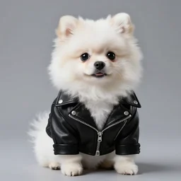 a photorealistic image of a charismatic Pomeranian puppy style panda dressed in a stylish black leather jacket Trending on Artstation, featured on Behance, well-rendered, Unreal Engine, 4K HD