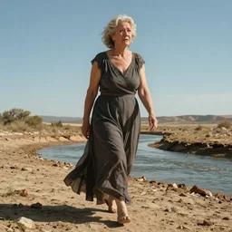 Giant 65-year-old giant Gaia woman crying as she walks over a dried up river, blue sky, warm and sunny, highly-detailed, elegant, dramatic lighting, artstation, 4k, cinematic landscape