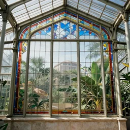 “ a greenhouse in stained glass. with sunlight streaming in. by antoni gaudi. photorealistic. ”