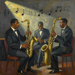 Stylized abstract art of jazz musicians playing along with musical notes in the style of Stuart Davis