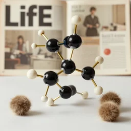 realistic photo of a molecule model, brass sticks, furry scraps 1 9 6 0, life magazine photo, natural colors, metropolitan museum, kodak, 8 k, very detailed, high resolution, product photo, octane render