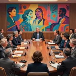 cinematic view of politicians arguing at a large boardroom by jorge jacinto, depth of field, death stranding art style, vibrant colors, intricate, high detail, digital painting, ultra realistic, cinematic lighting, wide angle cinematography, artstation, 3 5 mm film grain