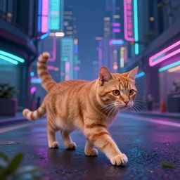 Orange tabby cat walks through streets of a cyberpunk city, synthwave, Retrowave, trending on Artstation