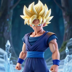 portrait focus of Super Saiyan beautiful 3D anime gir!! posing, frozen ice !! dark forest background, snowing, bokeh, inspired by Masami Kurumada, digital painting, high contrast, unreal engine render, volumetric lighting, high détail