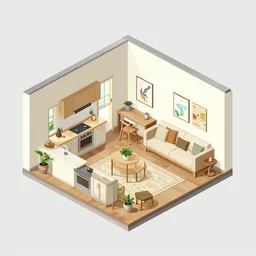 isometric view of a kitchen and living room inside a house