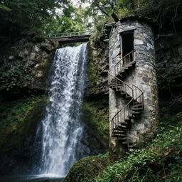a forest scene with a waterfall going down a cliff. to the right of the waterfall there is a dilapidated stone tower containing a spiral staircase. at the top of the staircase, there is a stone bridge crossing the waterfall.