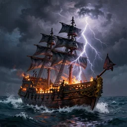 A burning pirate ship on a stormy sea getting struck by lightning, oil painting, high detail, godrays, smooth, sharp, 4k, dramatic lightning, bloom, gloomy