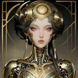 portrait of an ornate mechanical woman, art deco style, beautiful, mesmerizing, concept art, highly detailed, smooth, fantastical, artstation, deviantart, trending, sana takeda, ayami kojima, shinichi sakamoto