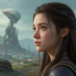 beautiful girl staring at an alien landscape, character portrait, james gurney, character concept style trending on artstation, detailed face, concept art, detailed, octane render cinematic, photo-realistic, 8k, high detailed
