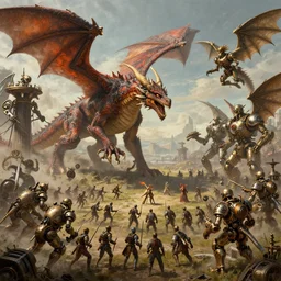 Climatic battle between an army of dragons, and an army of steampunk mechanical angels!, matte painting, steampunk fantasy, artstation
