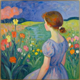 A colorful and poetic painting of a girl looking at a landscape of flowers and water, by Ernst Ludwig Kirchner and Gaston Bussière  featured on ArtStation, trending on ArtStation, cgsociety, trending on 500px, deviantart