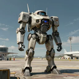 a experimental military mech standing in a airfield being tested in the style of Syd Mead realistic detailed cassette futurism concept art in color