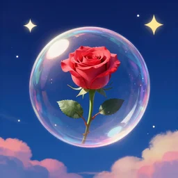 a rose inside a clear bubble floating in the sky, a dark blue background and colorful clouds with stars by takashi murakami, beeple and james jean, aya takano color style, trippy, 8 k, super detailed, night sky, digital art, digital painting, clean