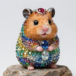 super cute hamster statue made of individual rainbow gems, on rock, portrait, made of large rainbow gems, huge ornate gemstones, ruby sapphire emerald opal onyx, artgerm, realistic, roger deakins, annie liebovitz, greg rutkowski, jewelry hamster