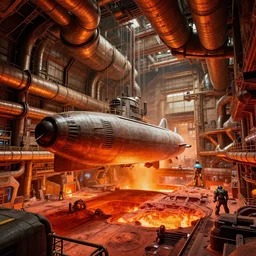 a bulbous zaha hadid space-station hangar interior with massive piping inspired by a nuclear reactor submarine and maschinen krieger, ilm, beeple, star citizen halo, mass effect, starship troopers, elysium, iron smelting pits, high tech industrial, warm saturated colours