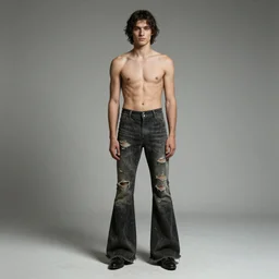 an award - winning photo of an ancient male model wearing a plain boot cut flared distressed medieval designer menswear trousers designed by comme des garcons, 4 k, studio lighting, wide angle lens, 2 0 0 4