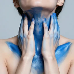 strong hands wrapped around neck, no face, clavicles, covered in glossy blue paint, beautiful skin, contrasting paint