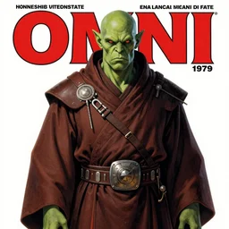1979 OMNI Magazine Cover of an orc in monks robes. in cyberpunk style by Vincent Di Fate