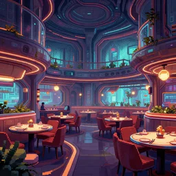 futuristic cyberpunk restaurant, interior architecture view, beautiful detailed pixelart by albertov, intricate details, beautiful, dithered gradients, volumetric lighting, cgsociety, artstation, smooth, sharp focus, 2 d illustration, by greg rutkowski, amazing art by dan mumford