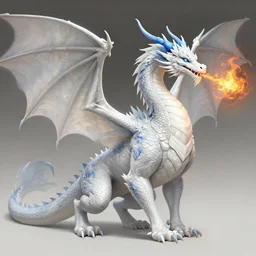 a large, white dragon with blue accents. it has a long neck, and its body is covered in scales. its wings are enormous, and it has a long tail. it has a regal, regal appearance, breathing fire. intricate, elegant, highly detailed, digital painting, artstation, concept art, illustration, art by artgerm and greg rutkowski, artey freytag