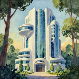a painting of a futuristic building surrounded by trees, an art deco painting by Beeple, cgsociety, retrofuturism, artstation hq, watercolor and matte painting, biomorphic