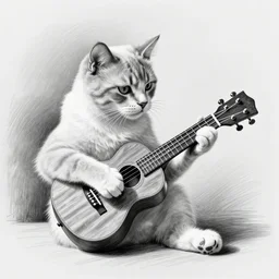 bw pencil sketch of cat playing ukulele