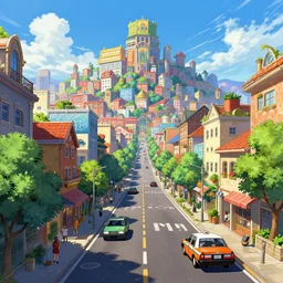street road taxi and plant Tekkonkinkreet treasure town in the sky horizon comics illustration  digital art painting by fanart artstation vivid color