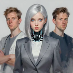 a portrait of a scientist robot girl with silver hair wearing grey suit by artgerm and wlop and krenz cushart, painterly