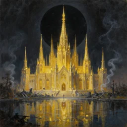 the golden spires of the carcosa palace are illuminated by huge black sun, and the lake is reflecting yhtill's remnants curled gunsmoke. 8 k, oil on canvas, hyperdetailed