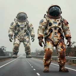 photo of freeway with a giant derelict spacesuit in the distance, canon ae - 1, dystopian, industrial, rust, corrosion, drab color grading, simon stalenhag,